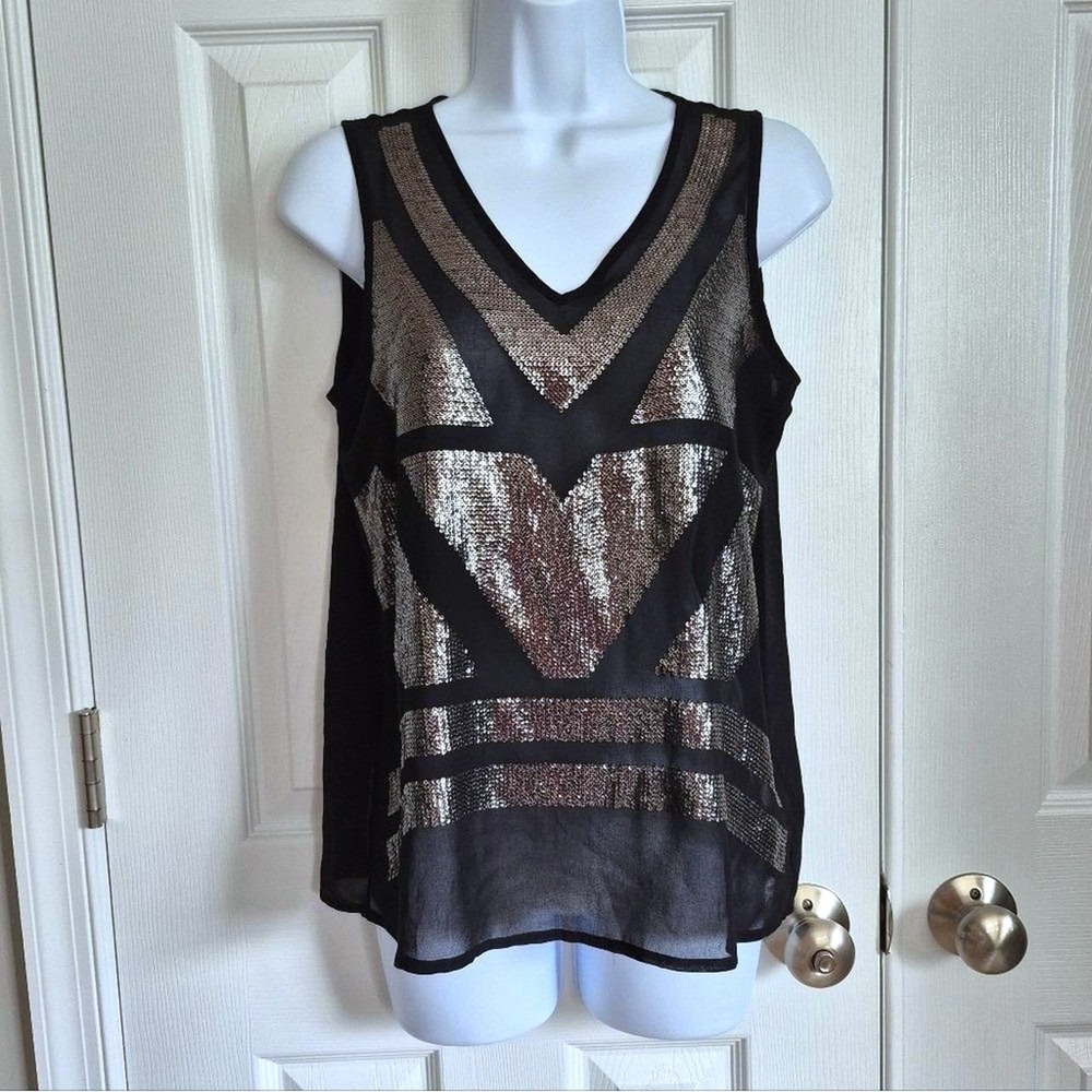 Saks Fifth Avenue Sheer Black Gold Sequin Geometric Sleeveless Top Womens XS